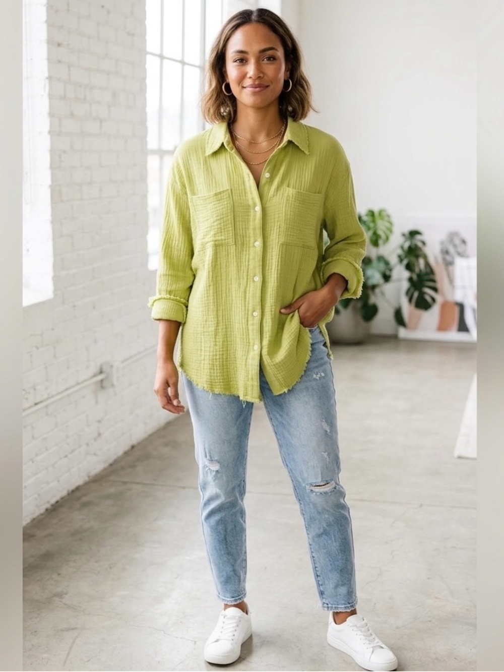 Hem & Thread Chartreuse Green Crinkle Gauze Frayed Button Down Top - Size Small